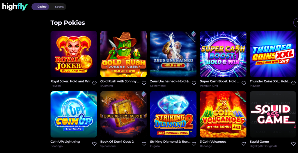 Screenshot of HighFlyBet Casino homepage showing featured pokies for Australian players using PayID and crypto.